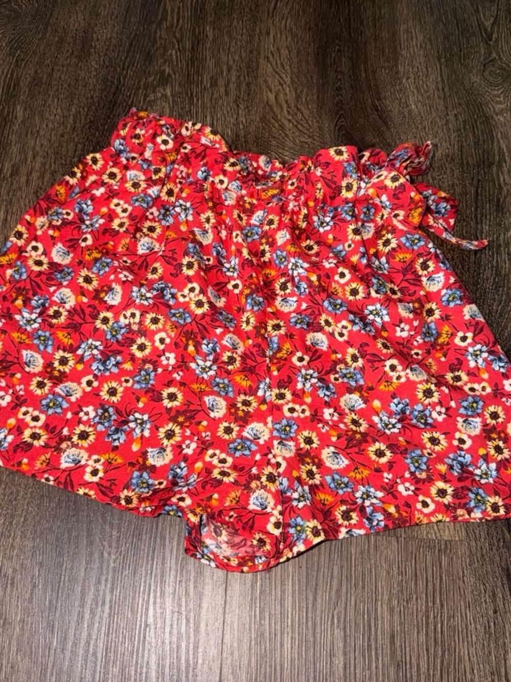 Women's High-Waist Red Floral Paperbag Shorts with Tie